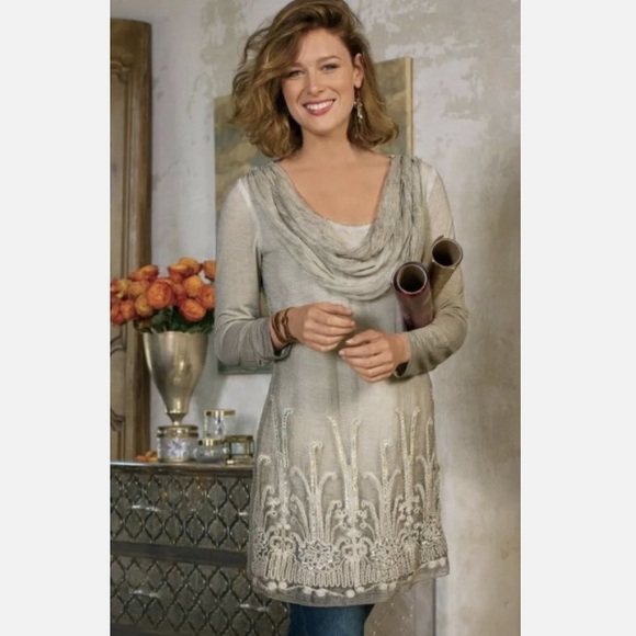 Soft Surroundings NWT sz L Silk Beaux Arts Tunic Taupe - Picture 2 of 13